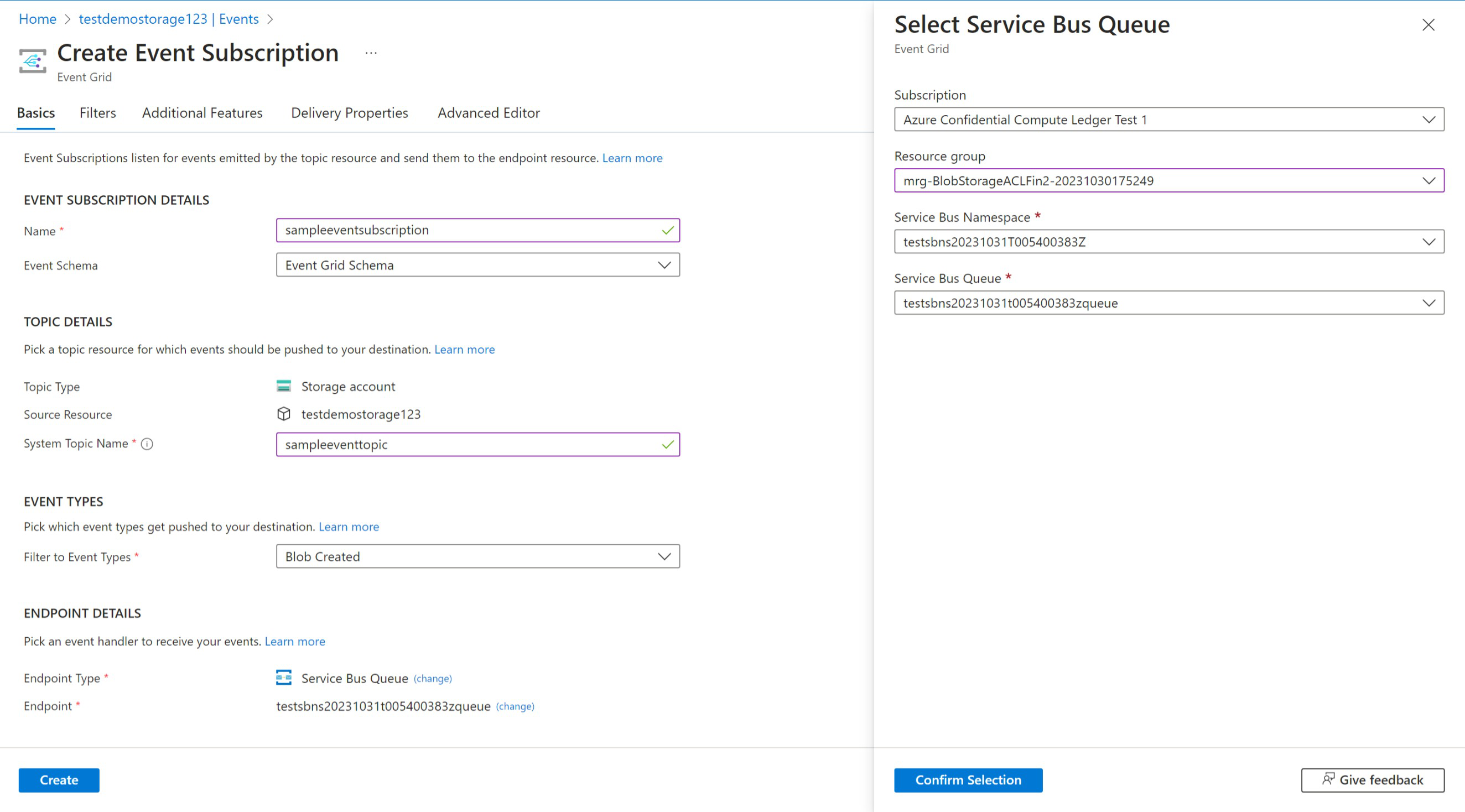 Bir depolama olayı aboneliğinin nasıl ayarlandığını gösteren web tarayıcısında Azure portalının ekran görüntüsü.