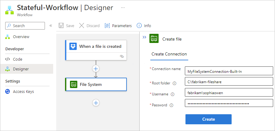 Screenshot showing Standard workflow designer and connection information for File System built-in connector action.