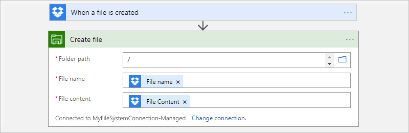 Screenshot showing Consumption workflow designer and the File System managed connector action named Create file.