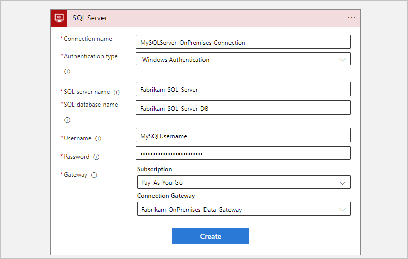Seçili kimlik doğrulamasıyla Azure portalı, Tüketim iş akışı ve SQL Server şirket içi bağlantı bilgilerini gösteren ekran görüntüsü.