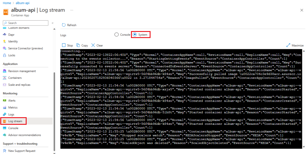 Screenshot of Container Apps system log stream from app page.