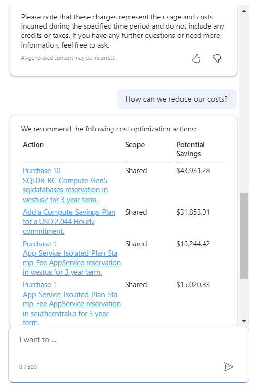 Maliyetleri düşürmeye yönelik önerilerin listesini sağlayan Azure'da Microsoft Copilot'ı gösteren ekran görüntüsü.