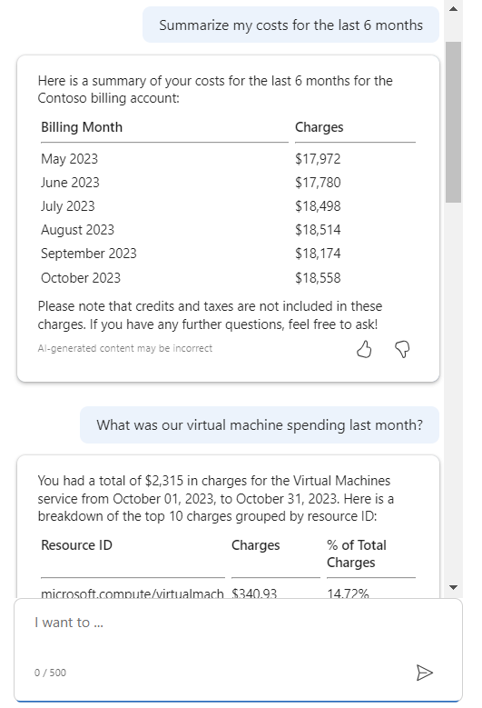 Azure'da maliyetlerin özetini sağlayan Microsoft Copilot'ın ekran görüntüsü.