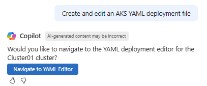 Azure'da Microsoft Copilot'ta AKS YAML dosyası oluşturma konusunda yardım isteminin ekran görüntüsü.