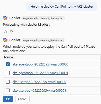 CanIPull'ın dağıtılacağı kümeyi ve düğümü onaylayan Azure Copilot'ın ekran görüntüsü.