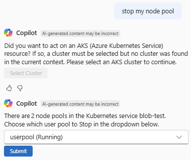 Aks düğüm havuzunu durdurma isteğine yanıt veren Azure Copilot'ı gösteren ekran görüntüsü.