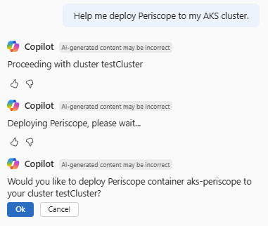Periscope'u bir kümeye dağıtmadan önce onaylamayı isteyen Azure Copilot'un ekran görüntüsü.