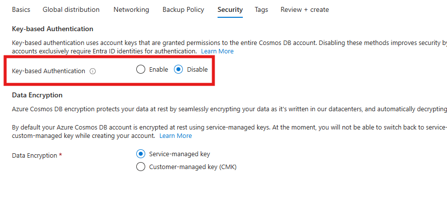 Azure portalında yeni bir hesap oluştururken anahtar tabanlı kimlik doğrulamasını devre dışı bırakma seçeneğinin ekran görüntüsü.