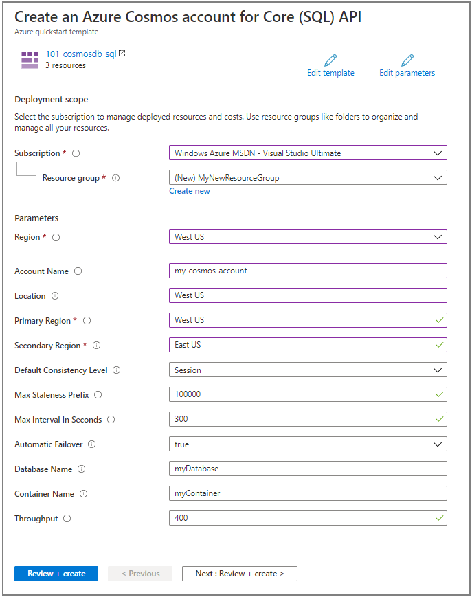ARM şablonu, Azure Cosmos DB tümleştirmesi, portalı dağıtma