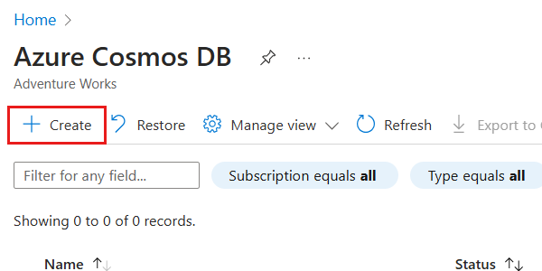 Azure hizmeti için bölmedeki Oluştur seçeneğinin ekran görüntüsü.