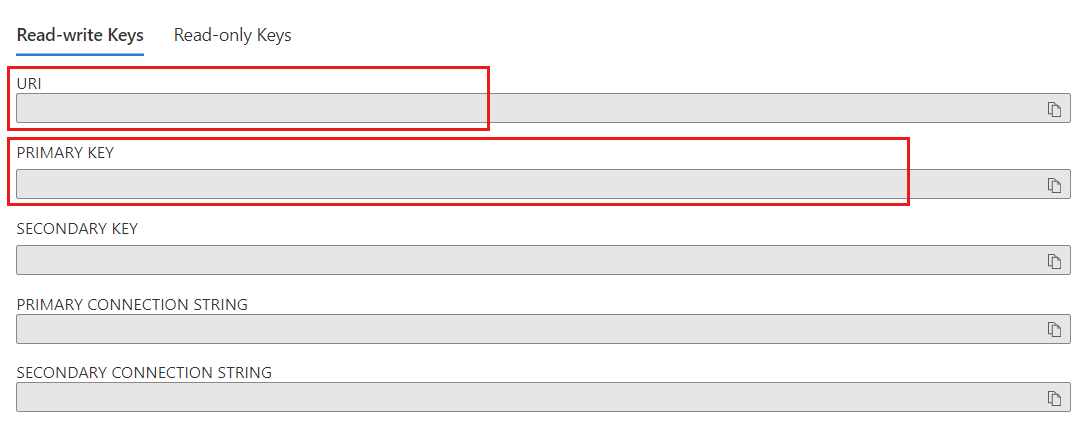 NoSQL hesabı api'sinin çeşitli kimlik bilgilerini içeren Anahtarlar sayfasının ekran görüntüsü.