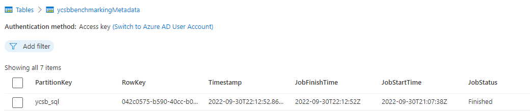 Depolama hesabındaki ycsbbenchmarkingMetadata tablosunun ekran görüntüsü.
