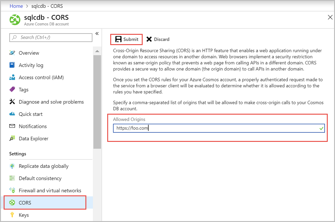 Azure portalını kullanarak çıkış noktaları arası kaynak paylaşımını etkinleştirme