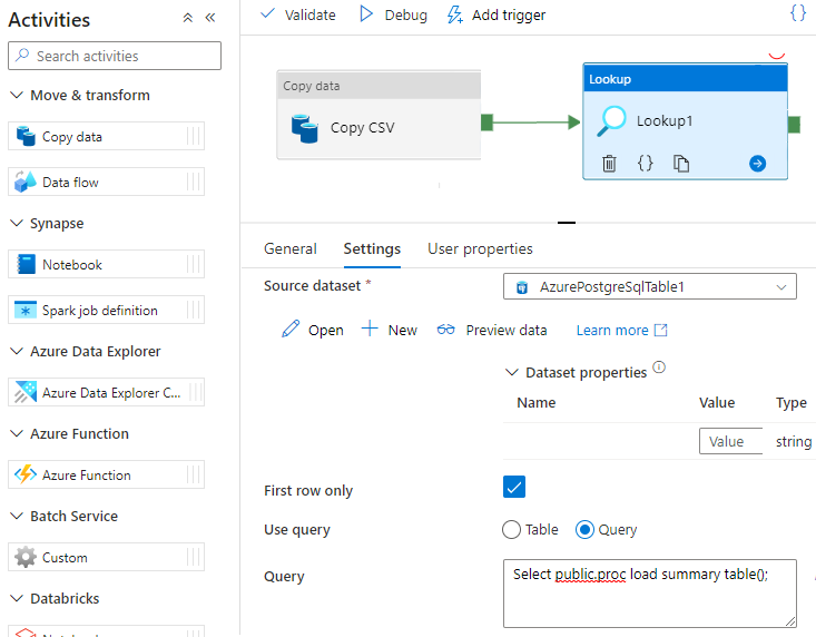 Azure Data Factory'de bir yordamı çağırmayı gösteren ekran görüntüsü.