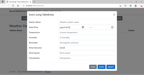 TableEntity nesnesi kullanarak veri eklemek için kullanılan iletişim kutusunu gösteren uygulamanın ekran görüntüsü.