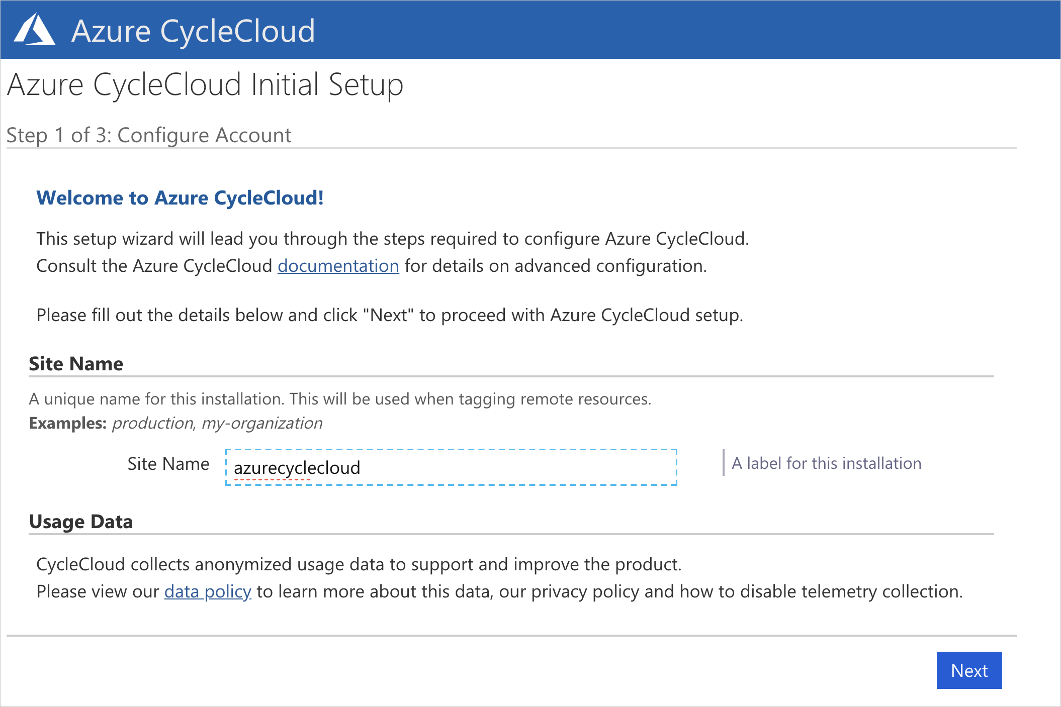 CycleCloud Hoş Geldiniz ekranı