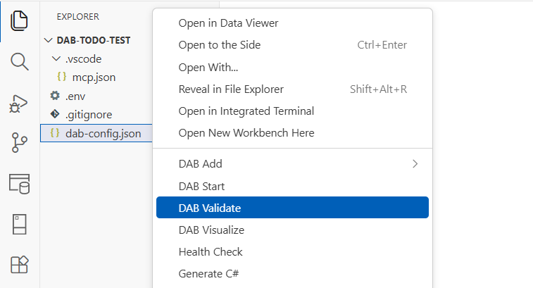 Visual Studio Code'da çalışan ve doğrulama çıktısını bildiren DAB Doğrula komutunun ekran görüntüsü.