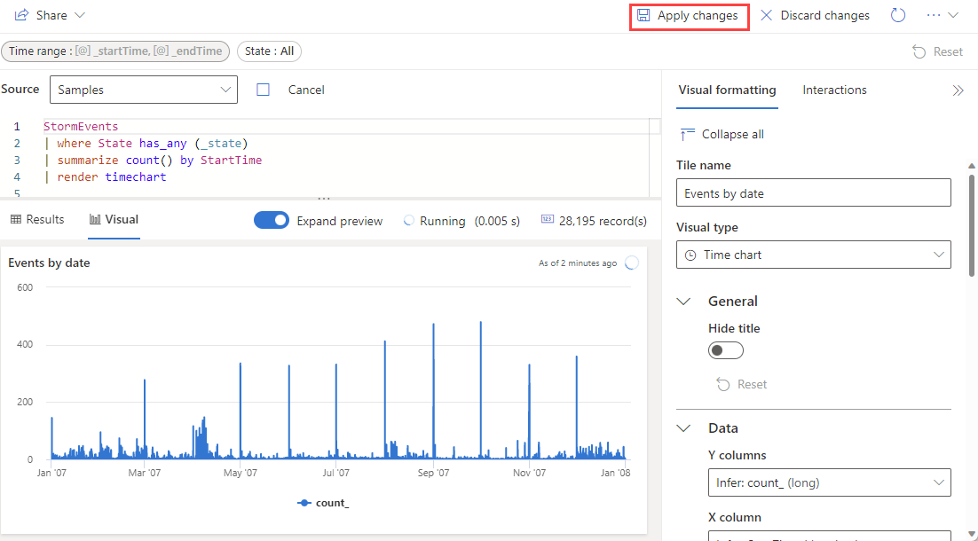 Azure Veri Gezgini web kullanıcı arabiriminde pano kutucuğunuzda yapılan değişiklikleri kaydetme işleminin ekran görüntüsü.