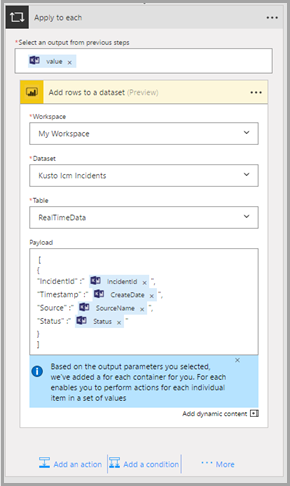 Her satır için Power BI eyleminin ekran görüntüsü.