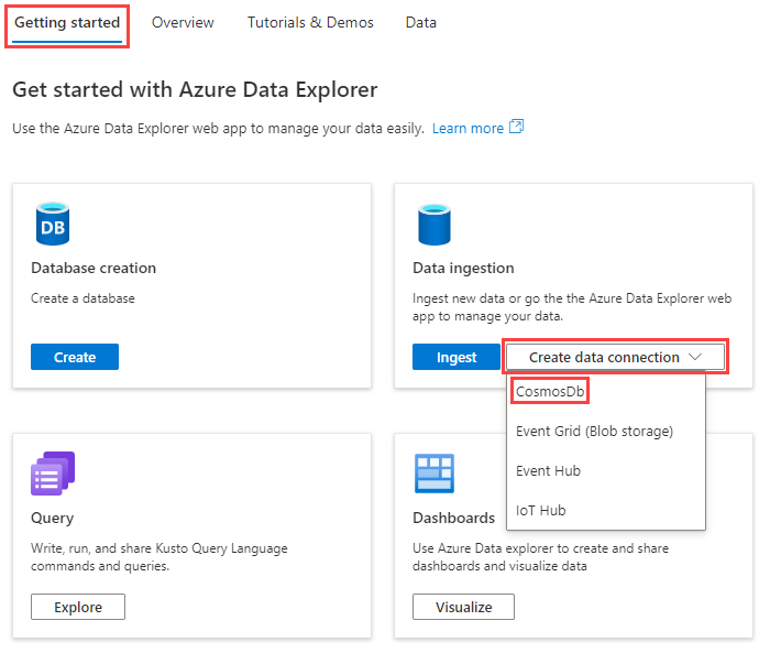 Cosmos DB veri bağlantısı oluştur seçeneğini gösteren Başlarken sekmesinin ekran görüntüsü.