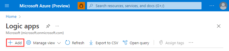 Mantıksal uygulama ekle düğmesini gösteren Mantıksal uygulamalar sayfasının ekran görüntüsü.