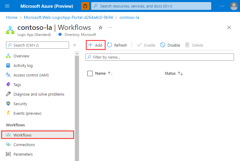 İş akışı ekle düğmesini gösteren İş Akışları sayfasının ekran görüntüsü.