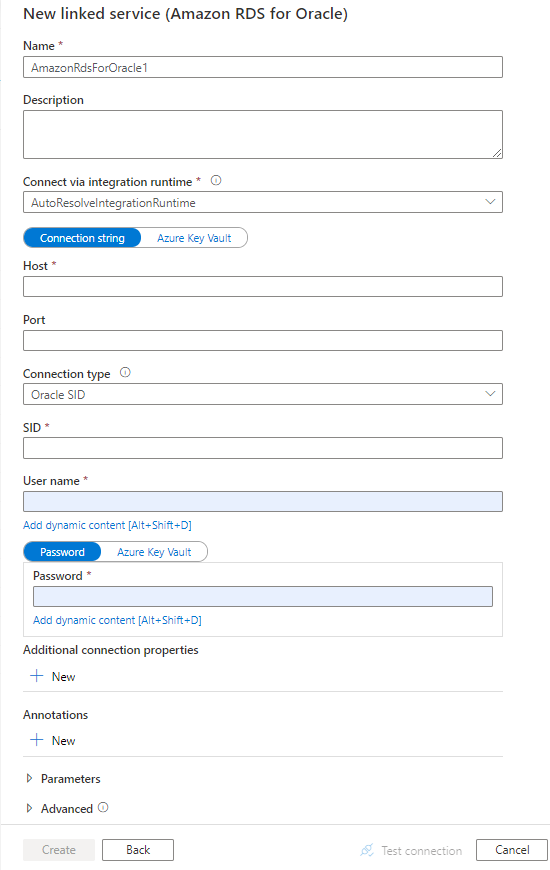 Screenshot of linked service configuration for Amazon RDS for Oracle.