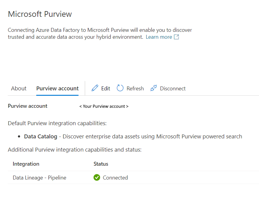 Azure Data Factory ile Microsoft Purview arasındaki tümleştirme durumunu izlemek için ekran görüntüsü.