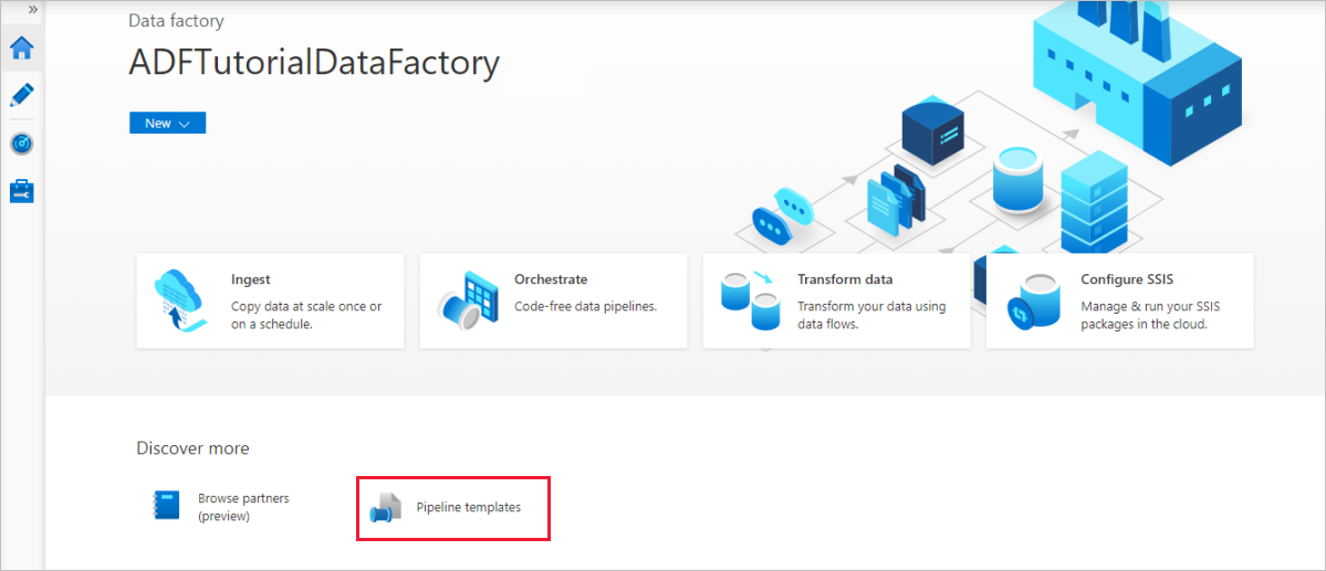 Data Factory giriş sayfasından şablon galerisini açmayı gösteren ekran görüntüsü.