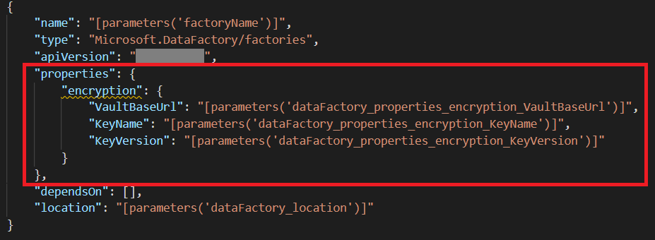 Azure Resource Manager şablonuna müşteri tarafından yönetilen anahtar ayarını dahil eden ekran görüntüsü.