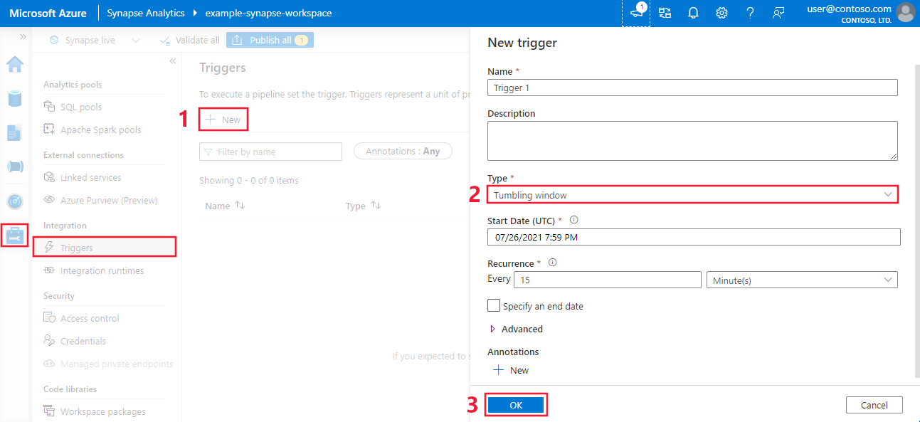 Azure Synapse'te Azure portalında atlayan pencere tetikleyicisi oluşturmayı gösteren ekran görüntüsü.