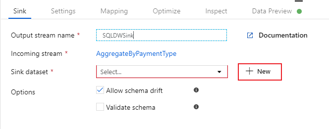 Screenshot from the Azure portal of a new sink dataset button in the sink settings.