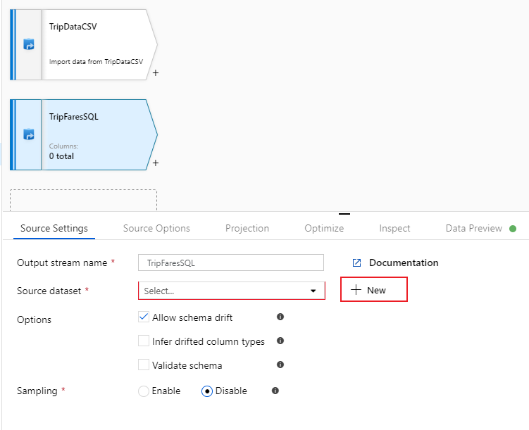 Screenshot from the Azure portal of the new source dataset on another copy data step in the data flow.