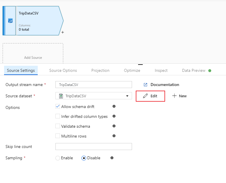 Screenshot from the Azure portal of the edit source dataset button in the data flow options.