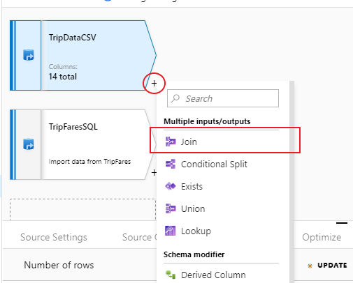 Screenshot from the Azure portal of the join button in data sources in a data flow.
