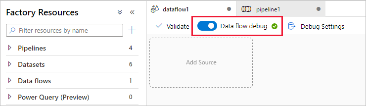 Screenshot from the Azure portal of the Factory Resources pages, with the data flow debug button enabled.