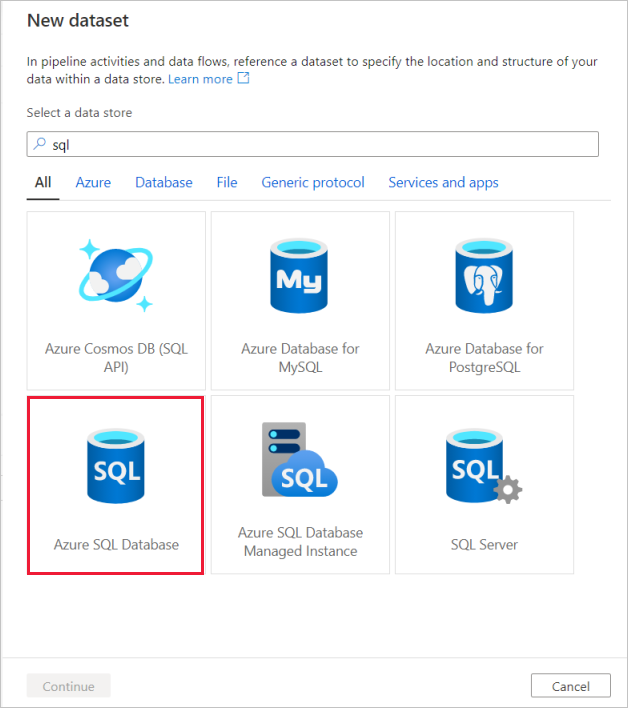 Screenshot from the Azure portal of creating a new dataset in Azure SQL Database.