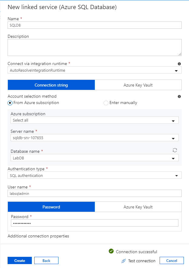 Screenshot from the Azure portal of configuring a new Azure SQL Database linked service, with a successfully tested connection.