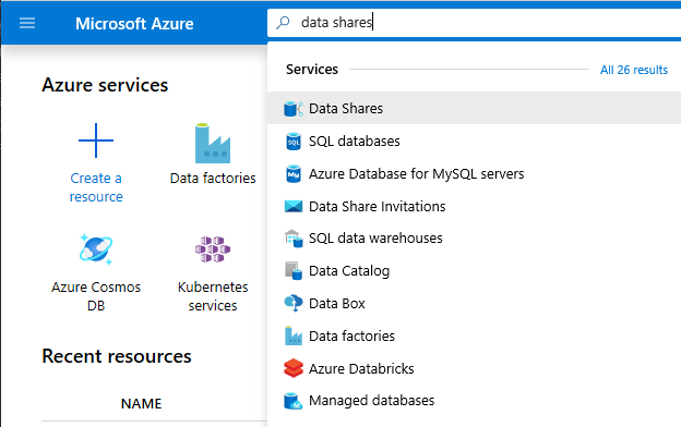 Screenshot from the Azure portal of searching for data shares in the Azure portal search bar.