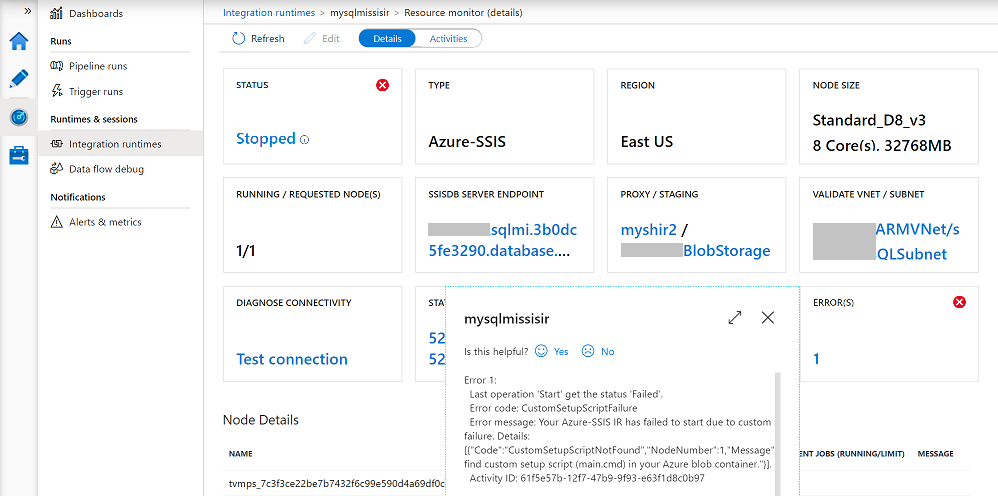 Azure-SSIS IR'i İzle - HATA dilimi