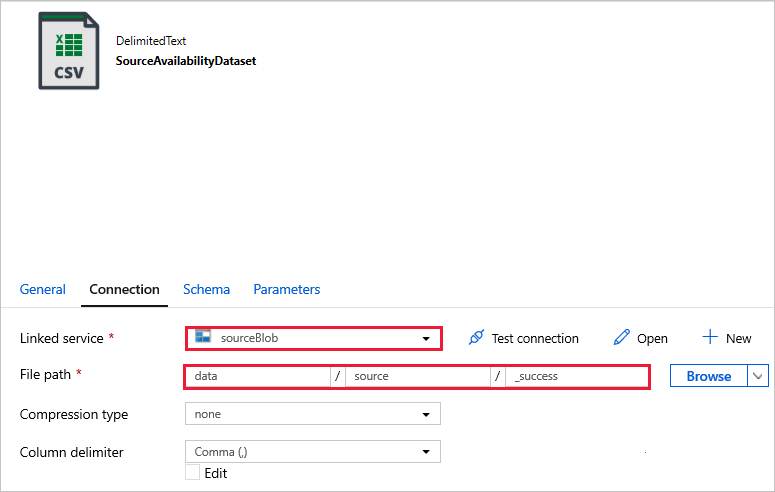 SourceAvailabilityDataset için bağlı hizmet ve dosya yolu seçimleri