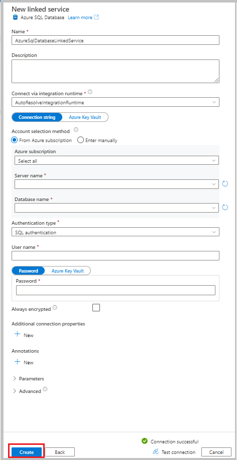 Azure SQL Veritabanı bağlı hizmetin ayarlarını gösteren ekran görüntüsü.