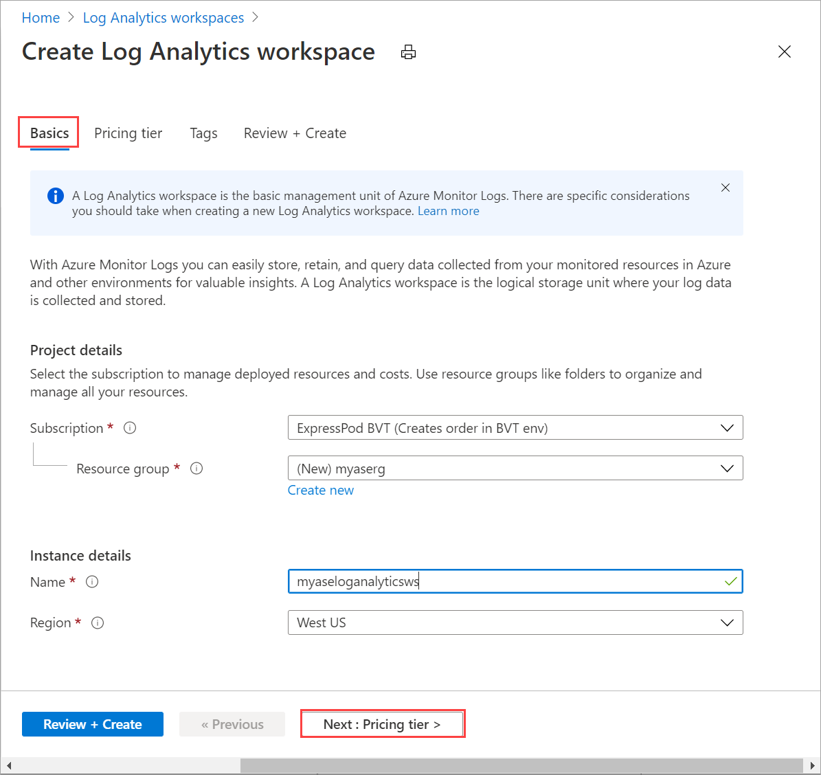 Log Analytics çalışma alanı için temel bilgiler sekmesi