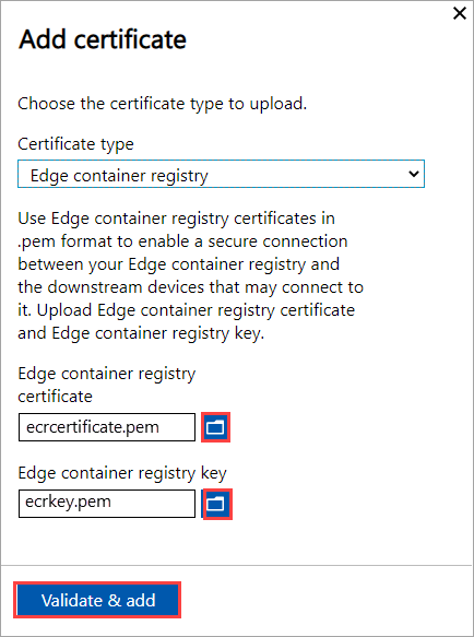 Azure Stack Edge cihazına Edge Container Registry sertifikası eklerken Sertifika Ekle ekranını gösteren ekran görüntüsü. Sertifika ve anahtar dosyası için gözat düğmeleri vurgulanır.