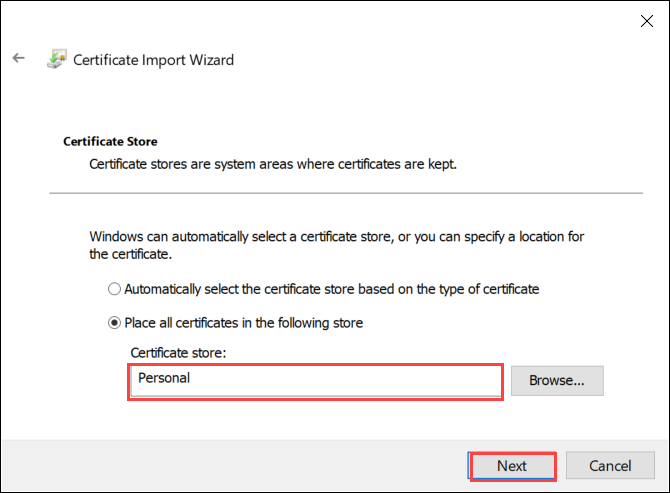 Kişisel sertifika deposunun seçili olduğu Windows'ta Sertifika İçeri Aktarma Sihirbazı'nın ekran görüntüsü. Sertifika Deposu seçeneği ve İleri düğmesi vurgulanır.