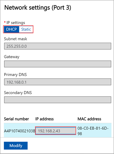 Azure Stack Edge cihazının yerel web kullanıcı arabirimindeki Bağlantı Noktası 3 Ağ ayarlarının ekran görüntüsü.