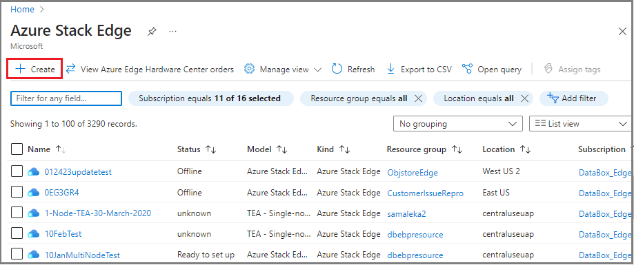 Azure portal'da Azure Stack Edge sayfasının ekran görüntüsü. Kaynak oluştur seçeneği vurgulanır.