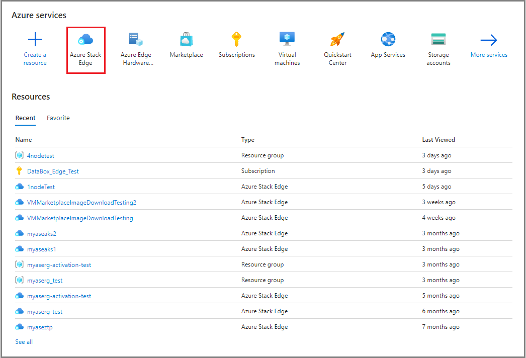 Azure portal'da Azure hizmetleri sayfasının ekran görüntüsü. Azure Stack Edge seçeneği vurgulanır.