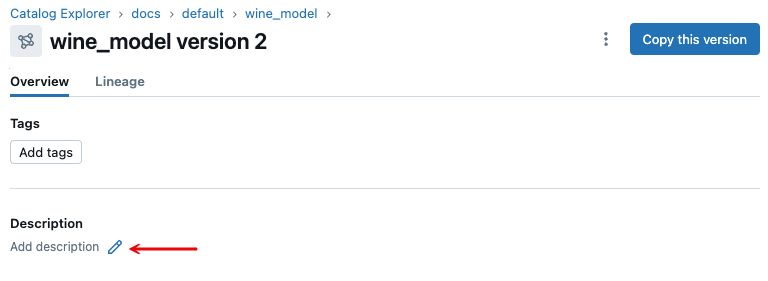 model sürümüne açıklama eklemek için kalem simgesi