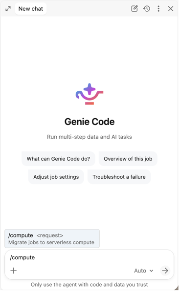 /compute yazılmış Genie Code paneli; otomatik tamamlama menüsünde /compute komutunu ve “İşleri sunucusuz işlemeye taşı” açıklamasını gösteren görünüm